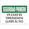Signmission OSHA In Case Of Emergency Call 911 Spanish 14in X 10in Rigid Plastic, 14" W, 10" H, Landscape OS-SF-P-1014-L-10816 - alternate 1